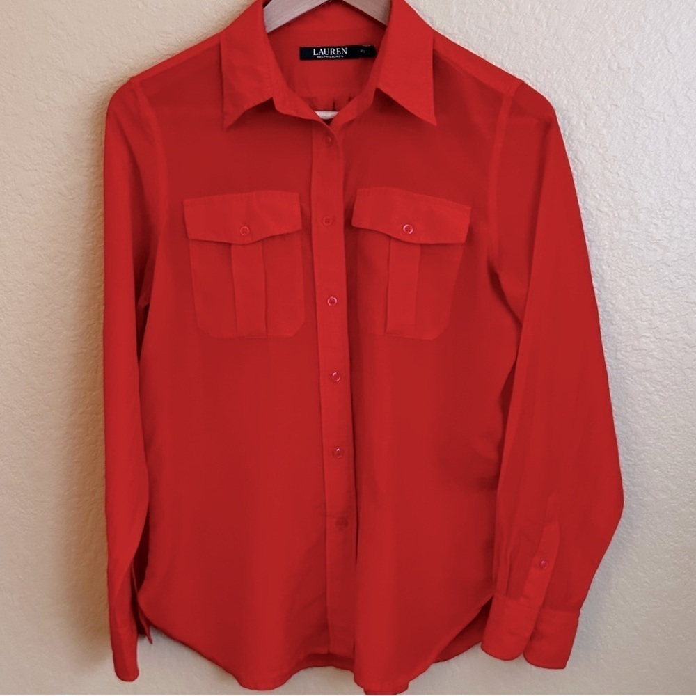Lauren Ralph Lauren Orange Long Sleeve Cotton/Silk Button Down Shirt - Picture 2 of 8